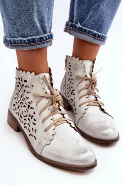 Zazoo Botki Wiosenne|Botki Skórzane*2871 Ażurowe Botki Damskie Sznurowane Srebrne Srebrny