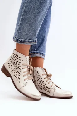 Damskie Zazoo 2871 Ażurowe Botki Damskie Sznurowane Złote Przecierane