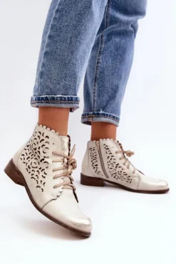 Damskie Zazoo 2871 Ażurowe Botki Damskie Sznurowane Złote Przecierane