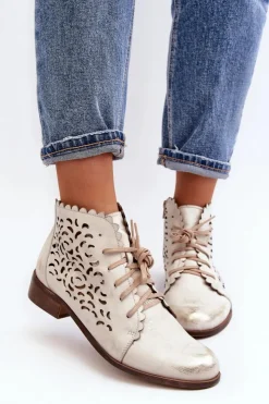 Damskie Zazoo 2871 Ażurowe Botki Damskie Sznurowane Złote Przecierane