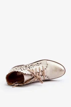 Damskie Zazoo 2871 Ażurowe Botki Damskie Sznurowane Złote Przecierane