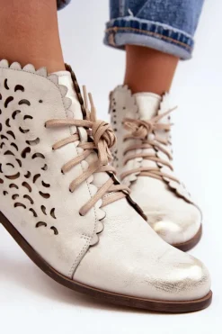 Damskie Zazoo 2871 Ażurowe Botki Damskie Sznurowane Złote Przecierane