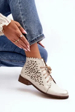 Damskie Zazoo 2871 Ażurowe Botki Damskie Sznurowane Złote Przecierane