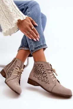 Zazoo Botki Wiosenne|Botki Skórzane*2871 Ażurowe Botki Damskie Sznurowane Beżowe Beżowy