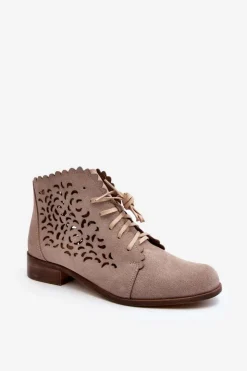 Zazoo Botki Wiosenne|Botki Skórzane*2871 Ażurowe Botki Damskie Sznurowane Beżowe Beżowy