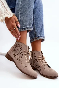 Zazoo Botki Wiosenne|Botki Skórzane*2871 Ażurowe Botki Damskie Sznurowane Beżowe Beżowy