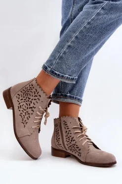 Zazoo Botki Wiosenne|Botki Skórzane*2871 Ażurowe Botki Damskie Sznurowane Beżowe Beżowy