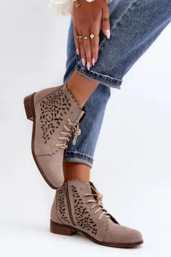 Zazoo Botki Wiosenne|Botki Skórzane*2871 Ażurowe Botki Damskie Sznurowane Beżowe Beżowy