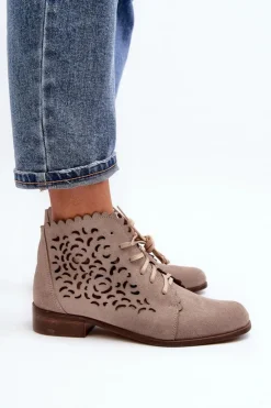 Zazoo Botki Wiosenne|Botki Skórzane*2871 Ażurowe Botki Damskie Sznurowane Beżowe Beżowy