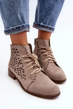 Zazoo Botki Wiosenne|Botki Skórzane*2871 Ażurowe Botki Damskie Sznurowane Beżowe Beżowy