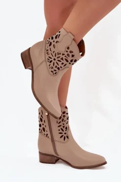 Boto Botki Wiosenne|Botki Na Słupku*Zazoo 3404 Ażurowe Botki Kowbojki Na Niskim Obcasie Skórzane Ciemnobeżowe