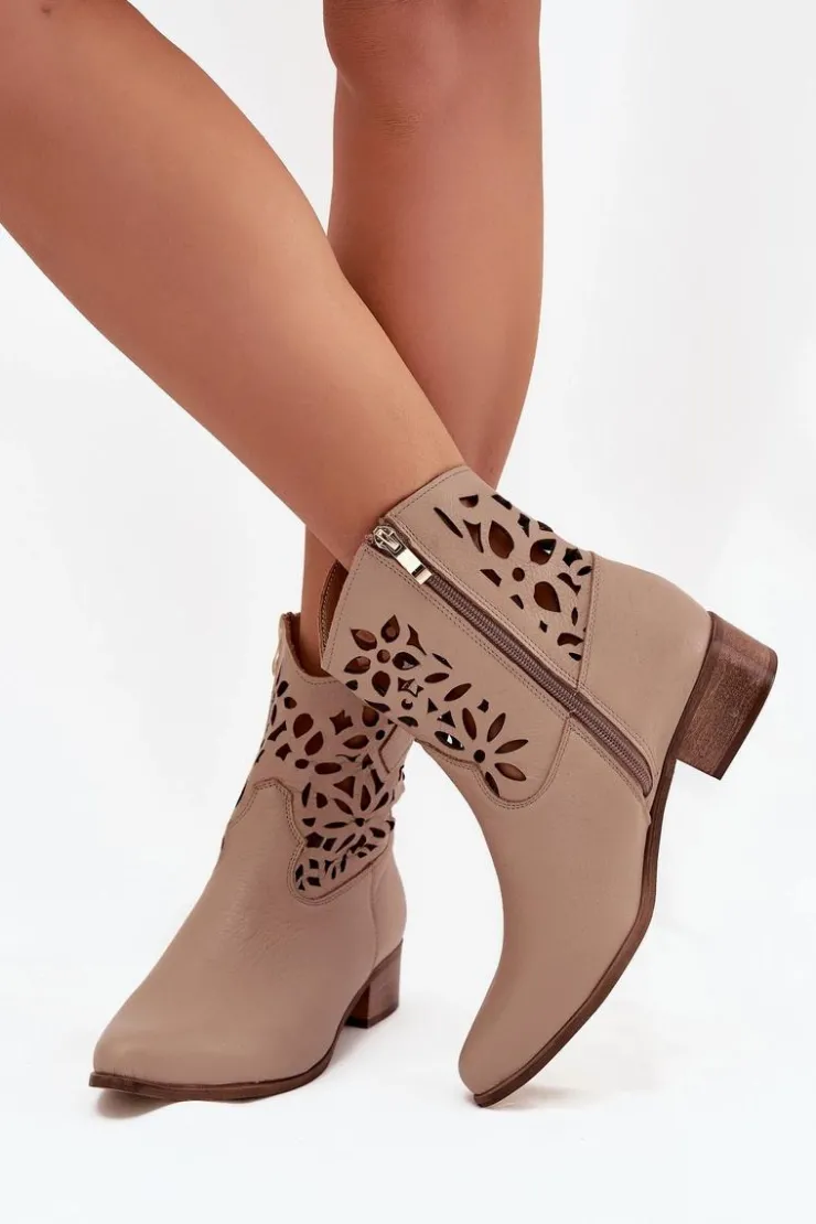 Boto Botki Wiosenne|Botki Na Słupku*Zazoo 3404 Ażurowe Botki Kowbojki Na Niskim Obcasie Skórzane Ciemnobeżowe