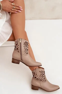 Boto Botki Wiosenne|Botki Na Słupku*Zazoo 3404 Ażurowe Botki Kowbojki Na Niskim Obcasie Skórzane Ciemnobeżowe