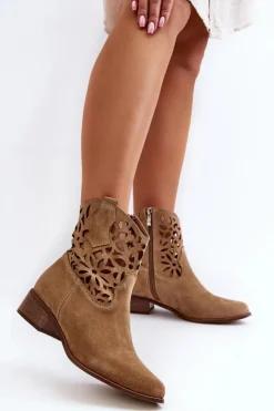 Damskie Boto Zazoo 3404 Ażurowe Botki Kowbojki Na Niskim Obcasie Zamszowe Jasnobeżowe