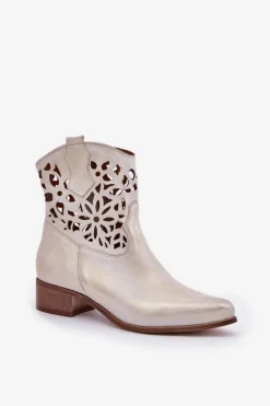 Boto Botki Wiosenne|Botki Na Słupku*Zazoo 3404 Ażurowe Botki Kowbojki Na Niskim Obcasie Skórzane Złoty Przecierany