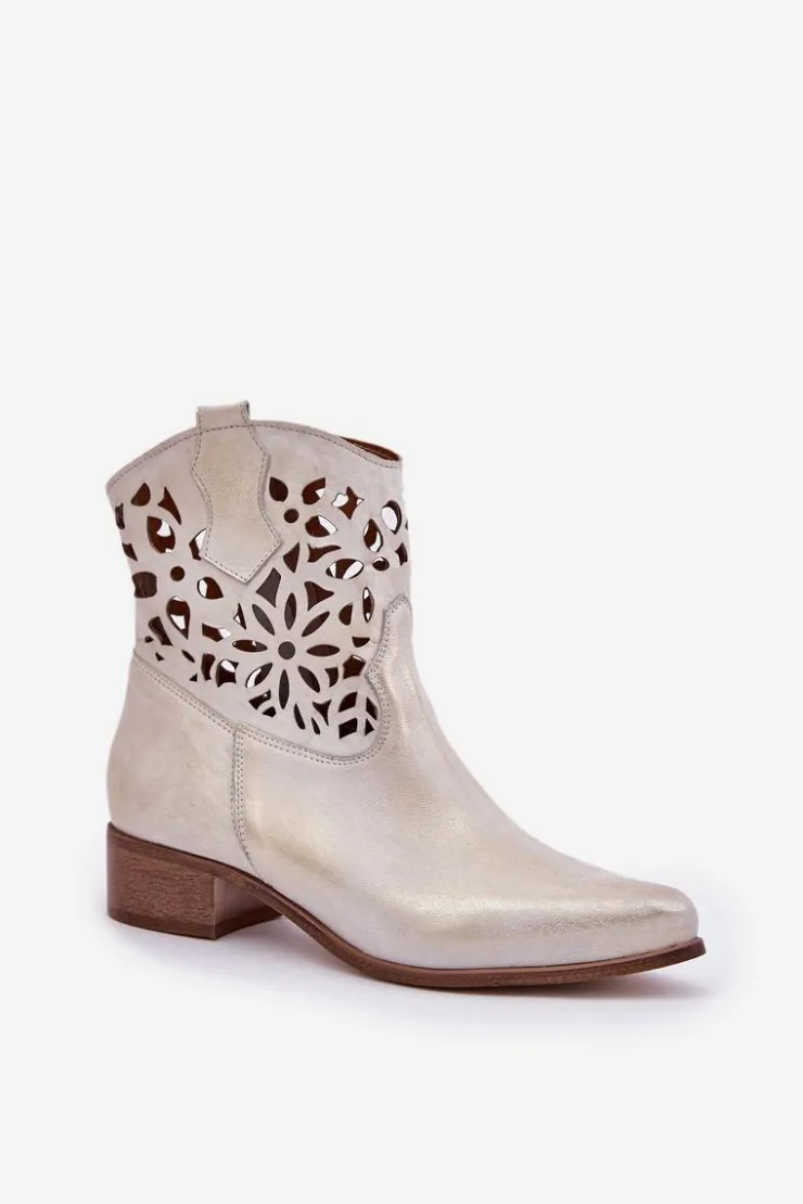Boto Botki Wiosenne|Botki Na Słupku*Zazoo 3404 Ażurowe Botki Kowbojki Na Niskim Obcasie Skórzane Złoty Przecierany