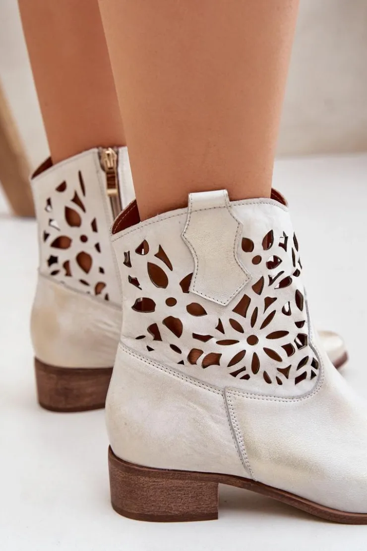 Boto Botki Wiosenne|Botki Na Słupku*Zazoo 3404 Ażurowe Botki Kowbojki Na Niskim Obcasie Skórzane Złoty Przecierany