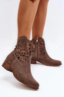 Damskie Boto Zazoo 3404 Ażurowe Botki Kowbojki Na Niskim Obcasie Zamszowe Brązowe