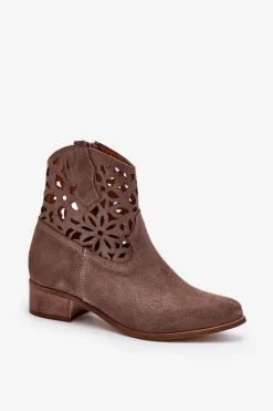 Damskie Boto Zazoo 3404 Ażurowe Botki Kowbojki Na Niskim Obcasie Zamszowe Brązowe