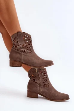 Damskie Boto Zazoo 3404 Ażurowe Botki Kowbojki Na Niskim Obcasie Zamszowe Brązowe