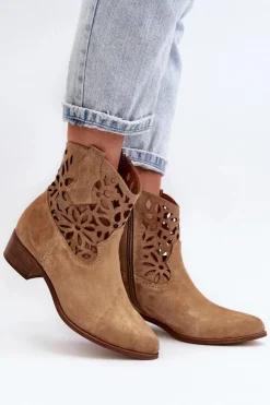Damskie Boto Zazoo 3404 Ażurowe Botki Kowbojki Na Niskim Obcasie Zamszowe Beżowe