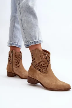 Damskie Boto Zazoo 3404 Ażurowe Botki Kowbojki Na Niskim Obcasie Zamszowe Beżowe