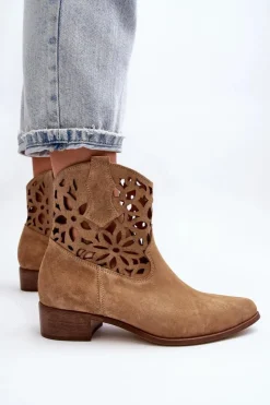 Damskie Boto Zazoo 3404 Ażurowe Botki Kowbojki Na Niskim Obcasie Zamszowe Beżowe