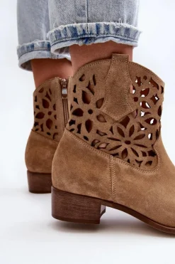 Damskie Boto Zazoo 3404 Ażurowe Botki Kowbojki Na Niskim Obcasie Zamszowe Beżowe