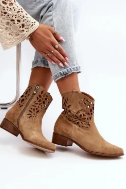 Damskie Boto Zazoo 3404 Ażurowe Botki Kowbojki Na Niskim Obcasie Zamszowe Beżowe
