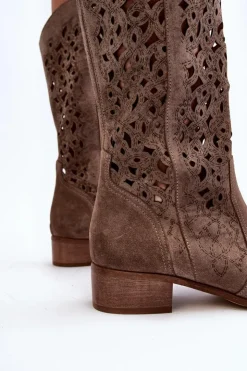 Damskie Zazoo 3403 Ażurowe Kozaki Damskie Na Niskim Obcasie Ciemnobeżowe