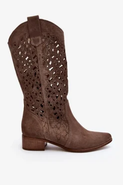 Damskie Zazoo 3403 Ażurowe Kozaki Damskie Na Niskim Obcasie Ciemnobeżowe