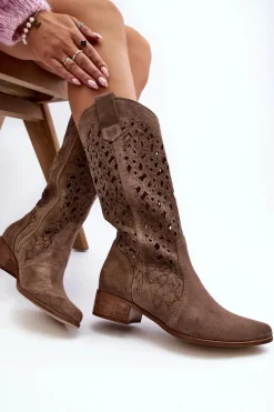 Damskie Zazoo 3403 Ażurowe Kozaki Damskie Na Niskim Obcasie Ciemnobeżowe