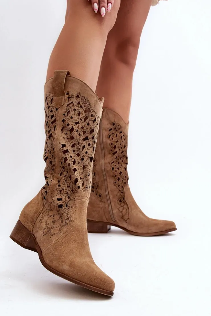 Damskie Zazoo 3403 Ażurowe Kozaki Damskie Na Niskim Obcasie Beżowe