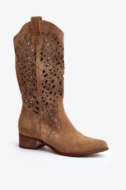 Damskie Zazoo 3403 Ażurowe Kozaki Damskie Na Niskim Obcasie Beżowe