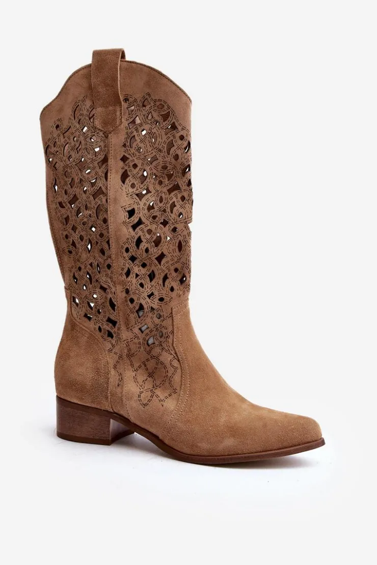 Damskie Zazoo 3403 Ażurowe Kozaki Damskie Na Niskim Obcasie Beżowe