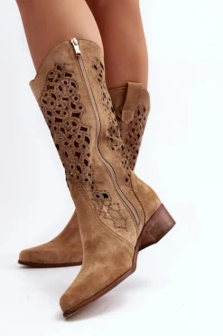 Damskie Zazoo 3403 Ażurowe Kozaki Damskie Na Niskim Obcasie Beżowe