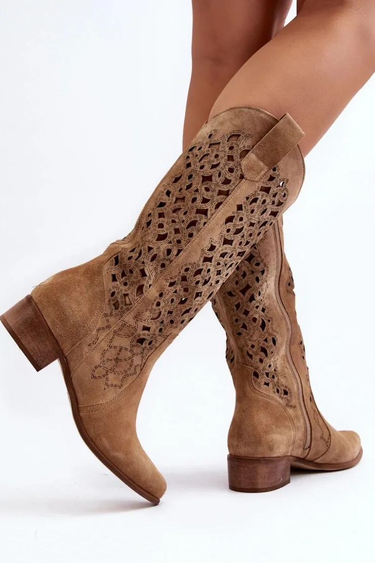 Damskie Zazoo 3403 Ażurowe Kozaki Damskie Na Niskim Obcasie Beżowe