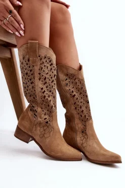 Damskie Zazoo 3403 Ażurowe Kozaki Damskie Na Niskim Obcasie Beżowe