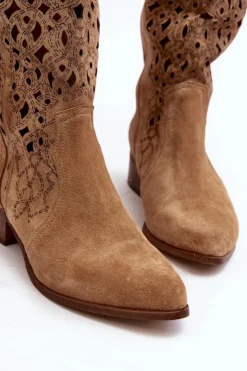 Damskie Zazoo 3403 Ażurowe Kozaki Damskie Na Niskim Obcasie Beżowe