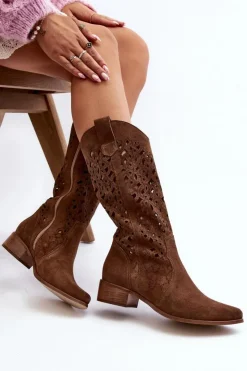 Zazoo Kozaki Wiosenne|Kozaki Ażurowe*3403 Ażurowe Kozaki Damskie Na Niskim Obcasie Brązowe