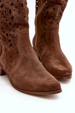Zazoo Kozaki Wiosenne|Kozaki Ażurowe*3403 Ażurowe Kozaki Damskie Na Niskim Obcasie Brązowe