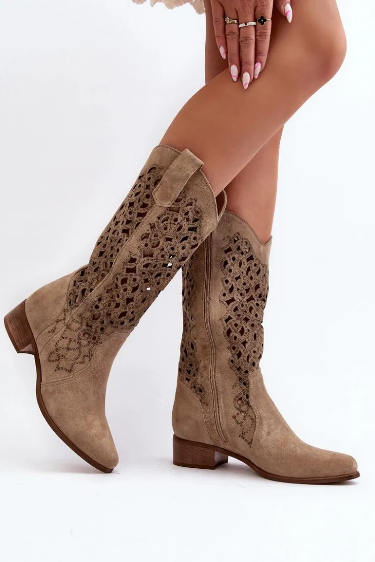 Hot Zazoo 3403 Ażurowe Kozaki Damskie Na Niskim Obcasie Jasnobeżowe