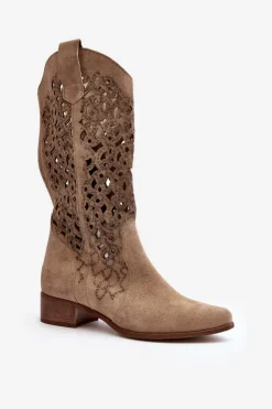 Hot Zazoo 3403 Ażurowe Kozaki Damskie Na Niskim Obcasie Jasnobeżowe