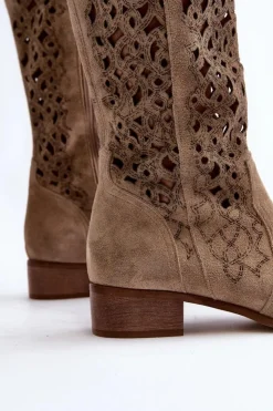 Hot Zazoo 3403 Ażurowe Kozaki Damskie Na Niskim Obcasie Jasnobeżowe
