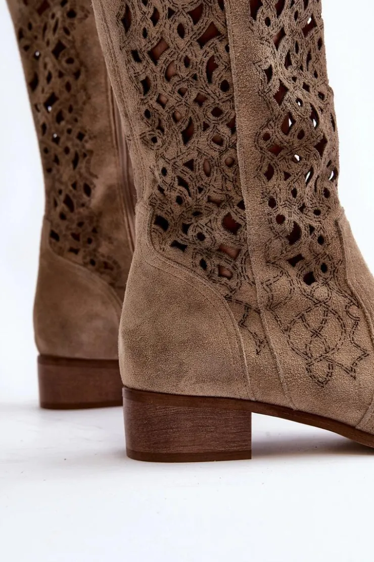 Hot Zazoo 3403 Ażurowe Kozaki Damskie Na Niskim Obcasie Jasnobeżowe