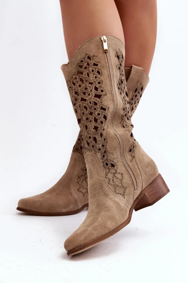 Hot Zazoo 3403 Ażurowe Kozaki Damskie Na Niskim Obcasie Jasnobeżowe
