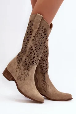 Hot Zazoo 3403 Ażurowe Kozaki Damskie Na Niskim Obcasie Jasnobeżowe