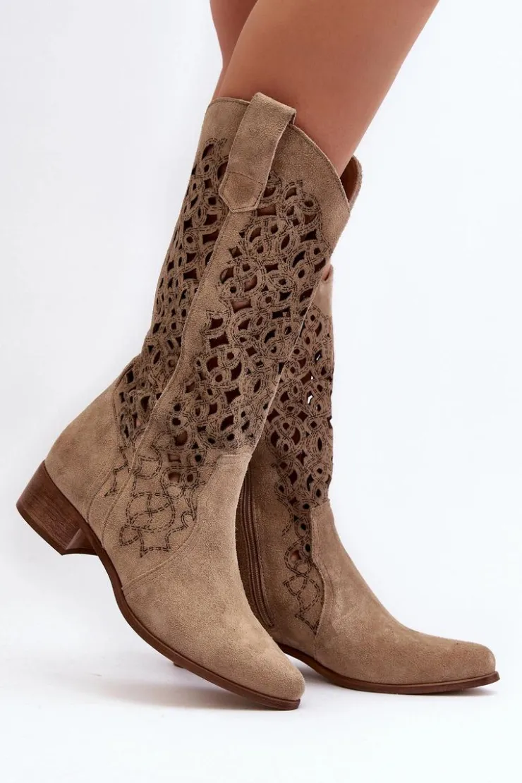 Hot Zazoo 3403 Ażurowe Kozaki Damskie Na Niskim Obcasie Jasnobeżowe