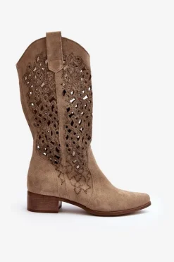 Hot Zazoo 3403 Ażurowe Kozaki Damskie Na Niskim Obcasie Jasnobeżowe