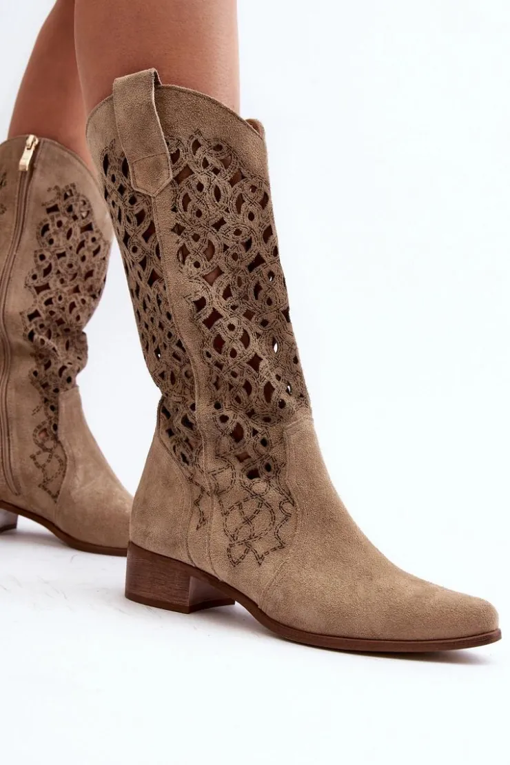 Hot Zazoo 3403 Ażurowe Kozaki Damskie Na Niskim Obcasie Jasnobeżowe